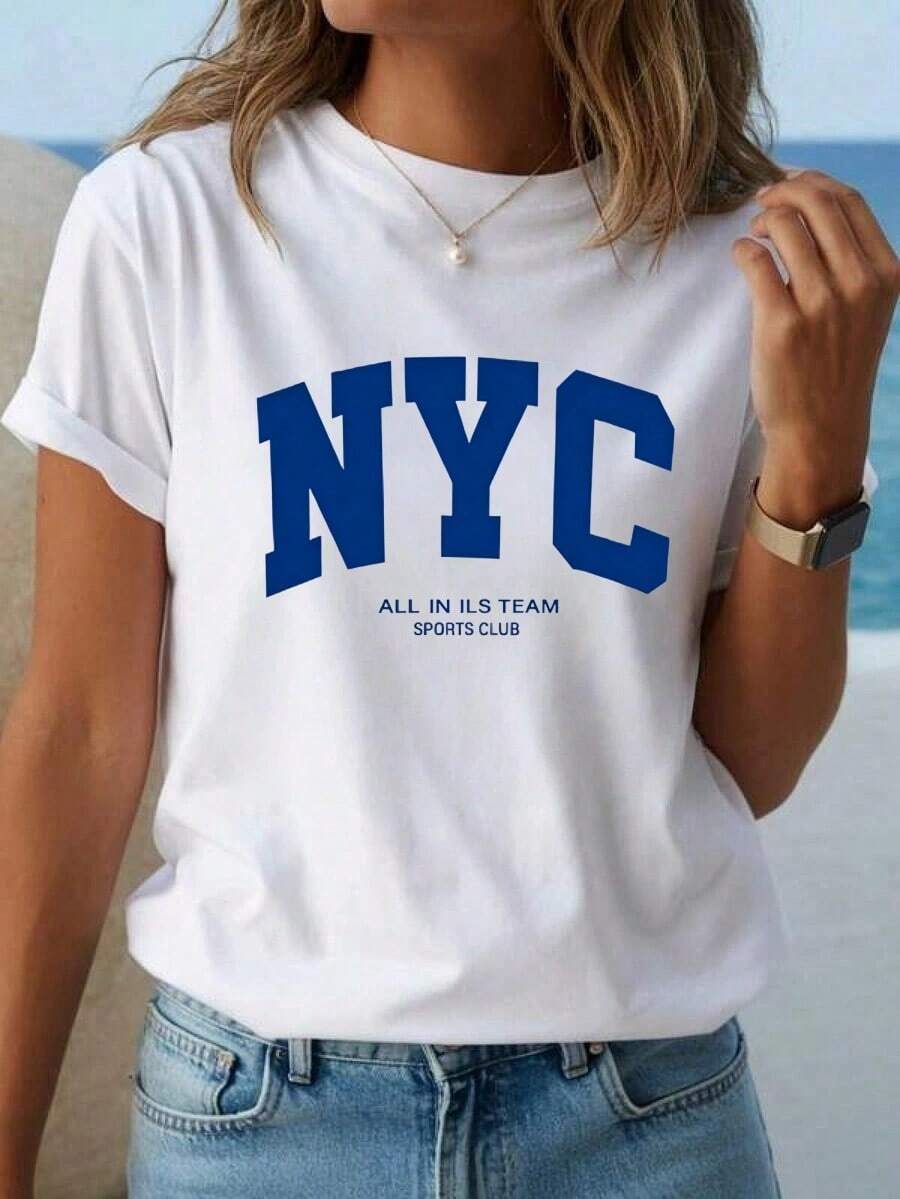 Oferta por tiempo limitado, cantidad limitada disponible, relámpago, camisas de mujer, camisetas de mujerPlayera Blanca de Mujer con Estampado NYC Azul, Camiseta Manga Corta Casual Deportiva, Moda Verano 2026, Ropa Ligera y Comoda para Dama, Ideal para Uso Diario y Salidas - Blanco - Ver 1