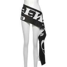 Falda con estampado de letras elegante y original para mujer, con cintas irregulares y bloques de color, estilo hip-hop, mini, sexy, ajustada, estilo urbano. - Negro - Ver 1