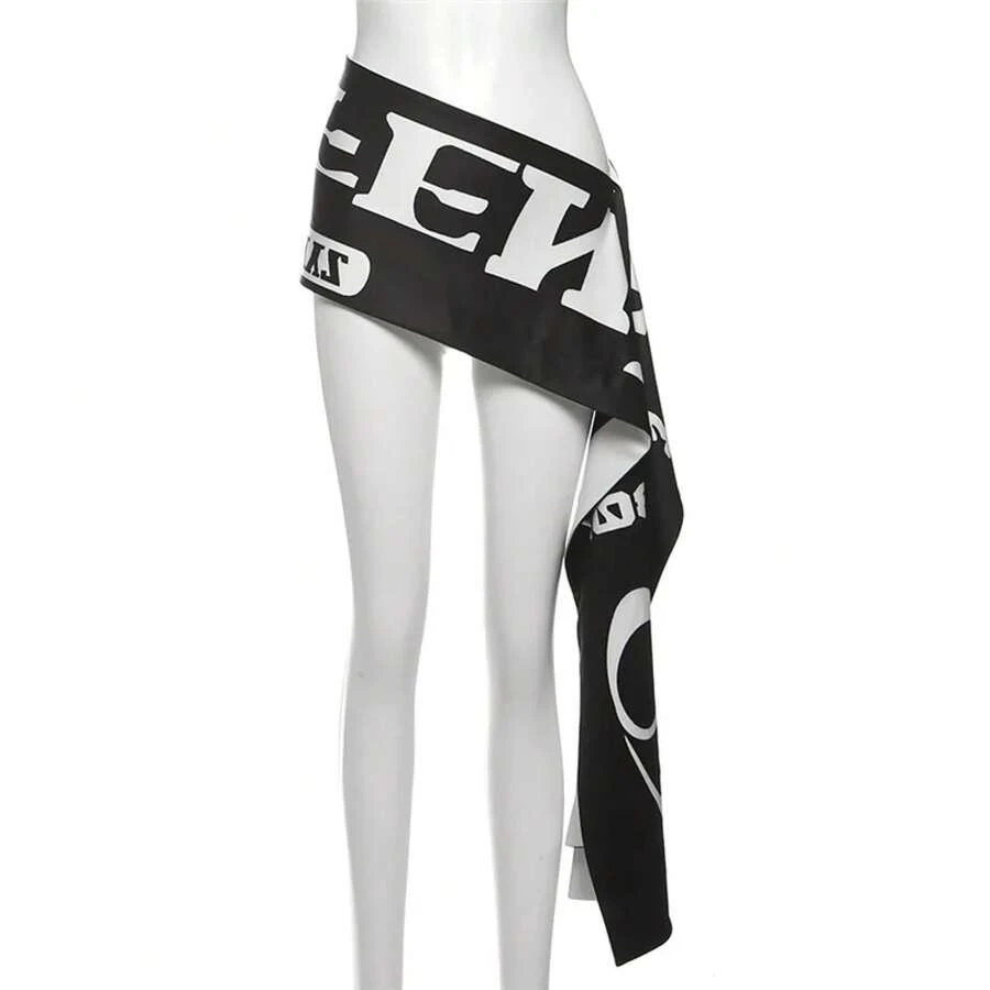 Falda con estampado de letras elegante y original para mujer, con cintas irregulares y bloques de color, estilo hip-hop, mini, sexy, ajustada, estilo urbano. - Negro - Ver 1