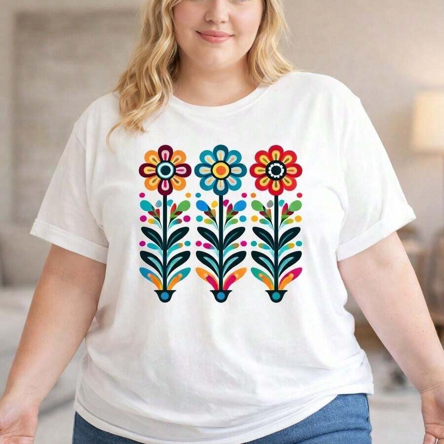 Camiseta Casual de Algodón para Mujer, Corte Holgado, Manga Corta con Estampado Floral Colorido, Uso Diario Casual, Tela Suave y Transpirable, Cuello Redondo, Top Básico para Verano, Tallas Hasta 5XL. - Blanco - Ver 1