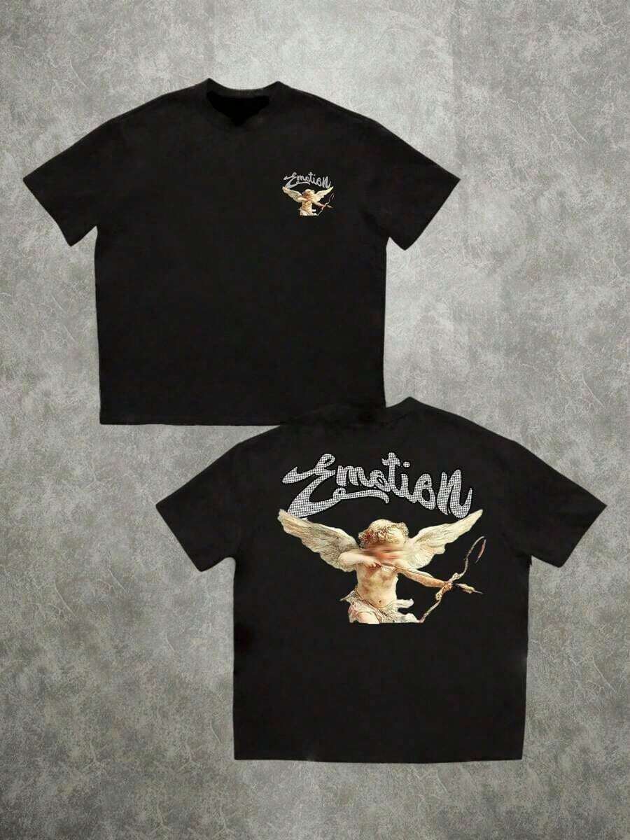 Camiseta de manga corta con estampado digital de doble cara de Cupido Ángel, 220g, elegante, 1 pieza, talla grande, para hombre, casual, 100% algodón, estilo vintage retro. - Negro - Ver 1