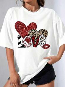 Black And White T-Shirt For Girls, Plus Size White T-Shirt With Sparkling Heart Design, Leopard And Stripe Print For Casual Wear And Outdoor Valentine's Day Parties, 180g Casual Printed T-Shirt - 白色 - 查看 7