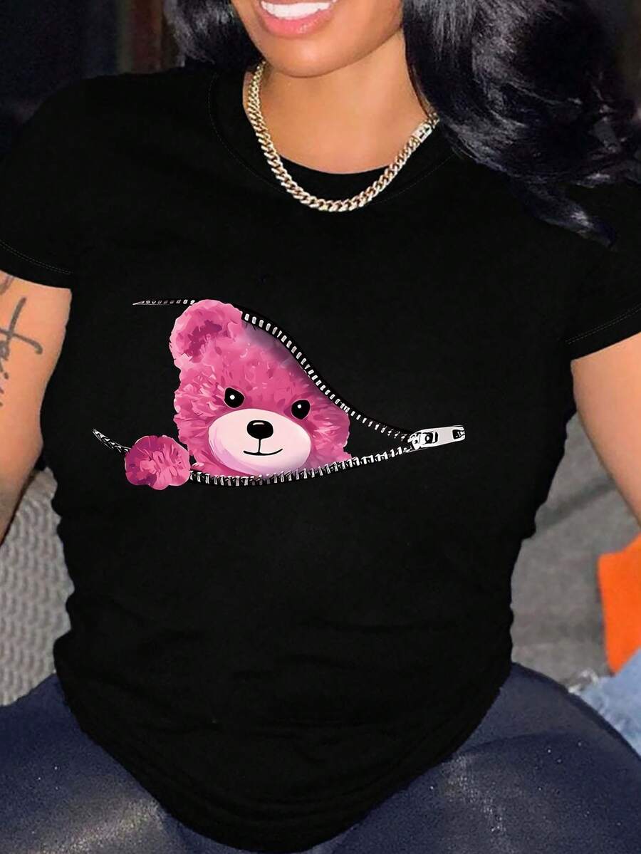 Camiseta con Estampado de Oso de Peluche, Manga Corta, Cuello Redondo, Estilo Casual para Verano y Primavera, Ropa de Mujer - Negro - Ver 1