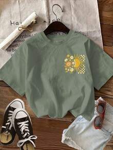 Camiseta de edición limitada con estampado gráfico, manga corta, cuello redondo, top casual para verano y primavera, ropa de mujer, algodón ligero. - Verde - Ver 4
