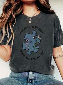 Ropa de mujer: Camiseta "Awakening" – Ser diferente es hermoso – Camiseta con temática de concientización sobre el autismo – Camisetas de verano para mujer. - Albaricoque - Ver 8