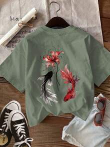 Limited EditionWomen'S Summer Clothing Featuring Double-Sided Prints In A New Style, With Koi And Flower Designs., Casual Round-Neck Short-Sleeve-ShirtLightweight Cotton - 綠色 - 查看 2