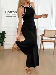 Mono de pierna ancha con contraste en el escote y la cintura, de tela de algodón cómoda, uso casual, relajado y elegante para la oficina/vacaciones para mujeres, primavera/verano - Blanco - Ver 3