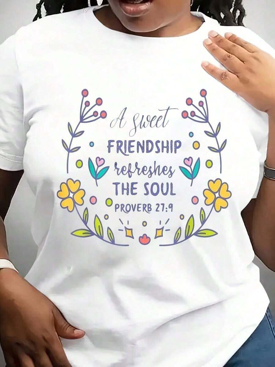 Women's Casual T-Shirt - "A Sweet Friendship Refreshes The Soul" Slogan, Short Sleeve, Geometric Pattern With Colorful Floral Design, Perfect For Summer Fashion And Independence Day Gifts, Fun Graphic Tee For Casual Wear, Comfortable Fit, Ladies' T-Shirts - 白色 - 查看 1