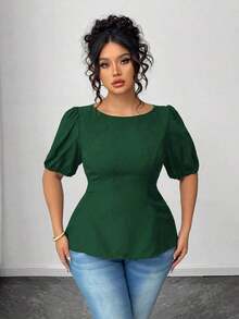 Blusa casual de manga corta con lazo y espalda abierta, unicolor, para mujer talla grande, verano - Verde Oscuro - Ver 6