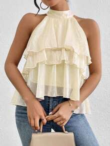 Blusa de gasa con volantes asimétricos y cuello suelto - Albaricoque - Ver 5