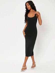 BASICS Vestido casual de cóctel ceñido de tirantes lisos para cena y citas - Negro - Ver 6