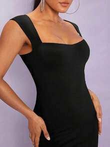 Vestido ajustado unicolor de cuello cuadrado - Negro - Ver 5