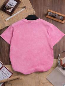 New Heavy Cotton T-Shirt, American Retro Vintage Washed Distressed Charcoal Solid Color Crew Neck Top, Large Size, Relaxed Fit Women's T-Shirt. - Màu Hoa hồng đỏ - Xem 2