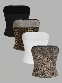 Conjunto de 4 piezas de Top corto de ajuste ajustado con estampado animal casual y sencillo para mujeres para usar en verano - Multicolor - Ver 2