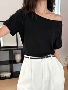 Nueva Ropa 2026 , Camiseta Casual de Mujer de Color Sólido con Hombro Oblicuo, Diseño Versátil - Negro - Ver 5