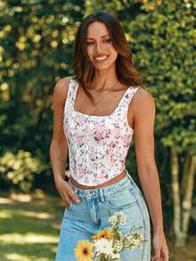 Top corto de punto con estampado de vacaciones para mujer - Blanco - Ver 4