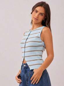 Top sin mangas ajustado con cuello de barco, botones frontales y bajo con abertura, a rayas, estilo campestre y vaquero, para atuendo de Nashville - Azul - Ver 4