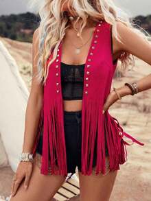 Chaqueta casual sin mangas con flecos, remaches y unicolor - Rosa Fucsia - Ver 6
