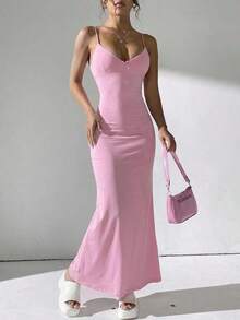 Vestido de encaje ajustado, elegante y romántico para cita nocturna, Día de San Valentín, con tirantes finos y largo, color rosa, para fiesta de verano - Rosa - Ver 3