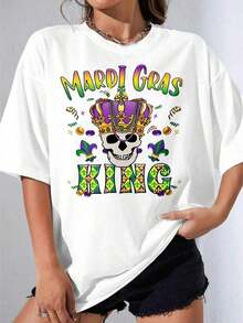 Girls' Black And White T-Shirt - Mardi Gras King Skull And Crown Graphic T-Shirt, Featuring A Crown And Fleur-De-Lis Design, Ideal For Parties And Celebrations. Perfect For Outdo - XX - 查看 3