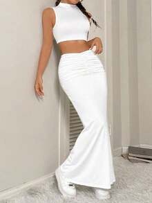Conjunto casual de verano para mujer compuesto por un chaleco corto de cuello alto de unicolor y una falda de cola de pez, atuendo ideal para Año Nuevo - Blanco - Ver 5