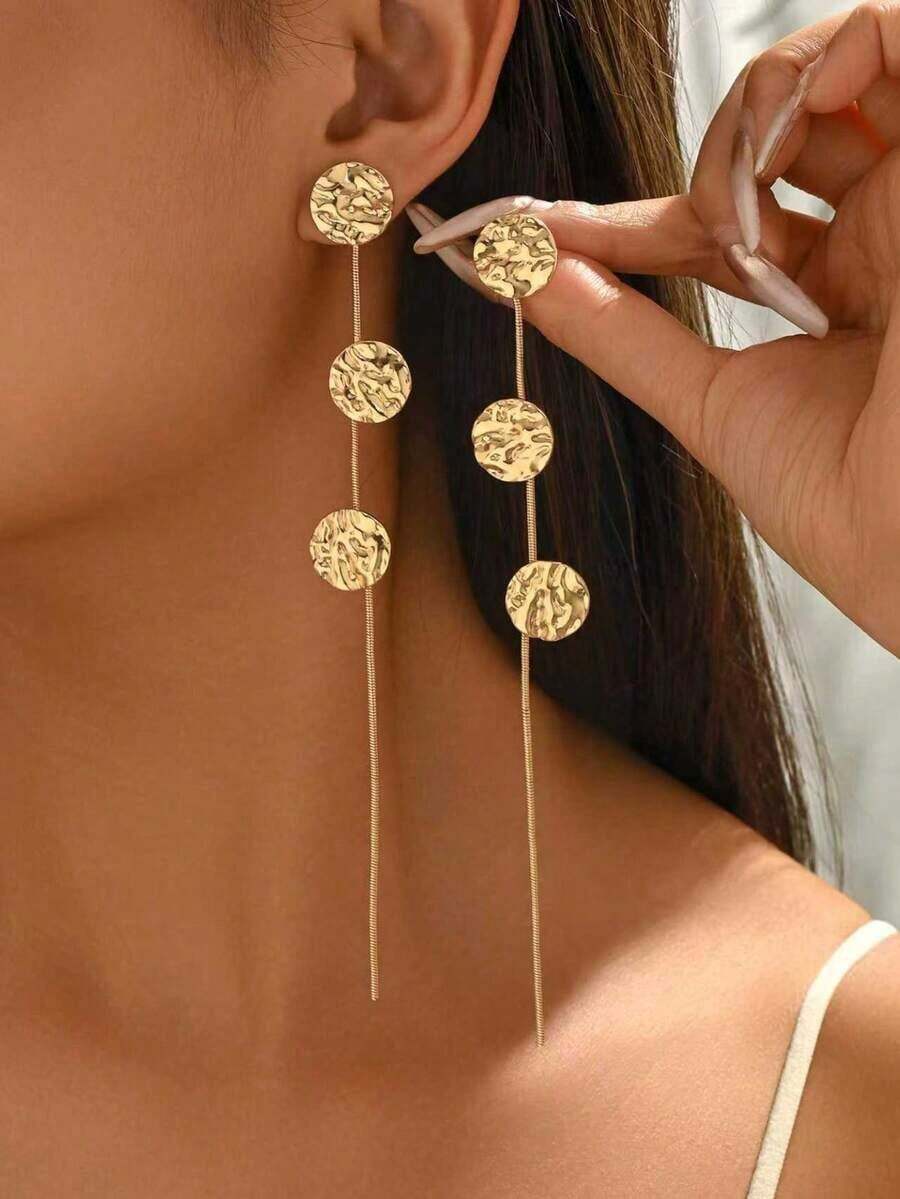 1對時尚優雅極簡幾何圓形金屬片流蘇耳環，適合約會、正式場合、派對與日常穿著 - 金子 - 查看 1