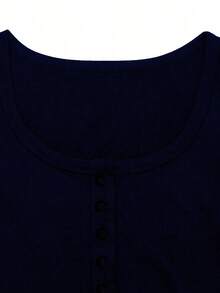 de manga corta y ajuste slim para mujer, de unicolor con media tapeta abotonada para el verano - Azul marino - Ver 5