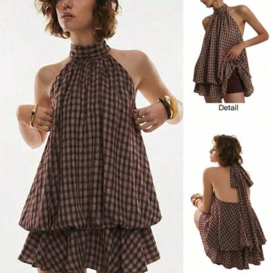 Women's Plaid Ruffle Hem Halter Neck Short Dress,Summer Dresses For Women - Café integral - Ver 1