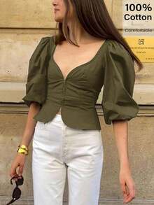 Blusa de mujer con cuello de corazón, mangas abullonadas y cintura entallada en unicolor.Ideal para días de playa, ir al trabajo, cumpleaños y citas - Verde militar - Ver 1