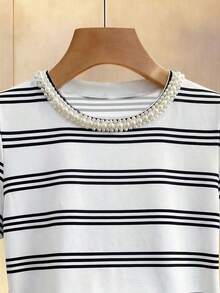 Desde la primavera hasta el verano, nuevas llegadas en la parte superior de verano: Día de San Valentín, elegante parte superior de mujer, parte superior de color albaricoque, camiseta, cuello redondo, adornos con cuentas, mangas cortas, estiliza - Multicolor - Ver 4