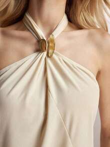 Top con cuello de halter, diseño de botón de metal verde, abertura lateral, elegante y chic para uso urbano y diario, estilo romántico retro de los 90.Adecuado para Navidad, Año Nuevo, San Valentín, fiestas, playa, graduación, moda, carnaval, bod - Albaricoque 2 - Ver 4