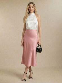 Falda básica de corte A para mujer, adecuada para ir al trabajo, negocios, uso casual, oficina, atuendo formal elegante para damas, otoño - Rosa - Ver 8
