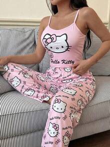 SANRIO Girly Hello Kitty Print Camisole + Long Pants Loungewear Set, Soft Elastic Fabric, Comfortable 2 Pieces Set Suitable For Home Sleep / Casual Relaxation / Light Outings - Multicolor - View 3