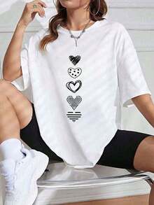 Camisetas De Mujer AlgodóN Camiseta De Manga Corta, Cuello Redondo, Estilo Casual Y Elegante Para Mujer, Con Estampado De Corazones Y Largo Normal. - Blanco - Ver 8