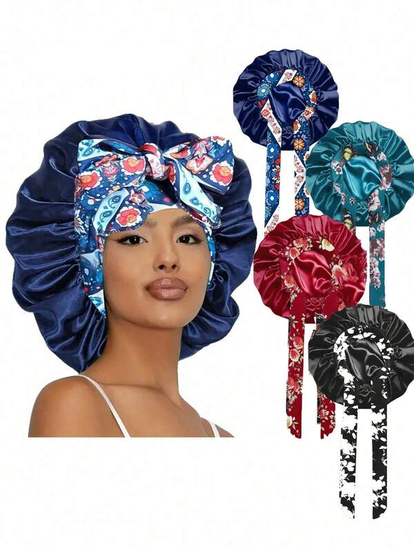 Large Floral Print Satin Hair Bonnet With Tie Band, Soft Silk Sleep Cap, No Slip Night Cap For Braids, Curly Hair, Hair Care,Anti-Frizz Satin Sleep Bonnet With Long Tie, Secure No-Slip Hair Cap For Curly Hair, Preserves Hairstyles & Reduces Breakage All Night