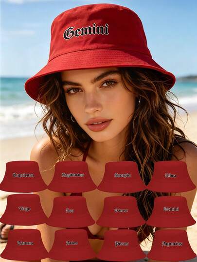 1 Pc Zodiac Print Red Bucket Hat, Eye-Catching Seaside Casual Hat, Multi-Scene Cap For Beach Vacations/Coastal Walks/Zodiac-Themed Gatherings/Cafe Visits/Summer Outings