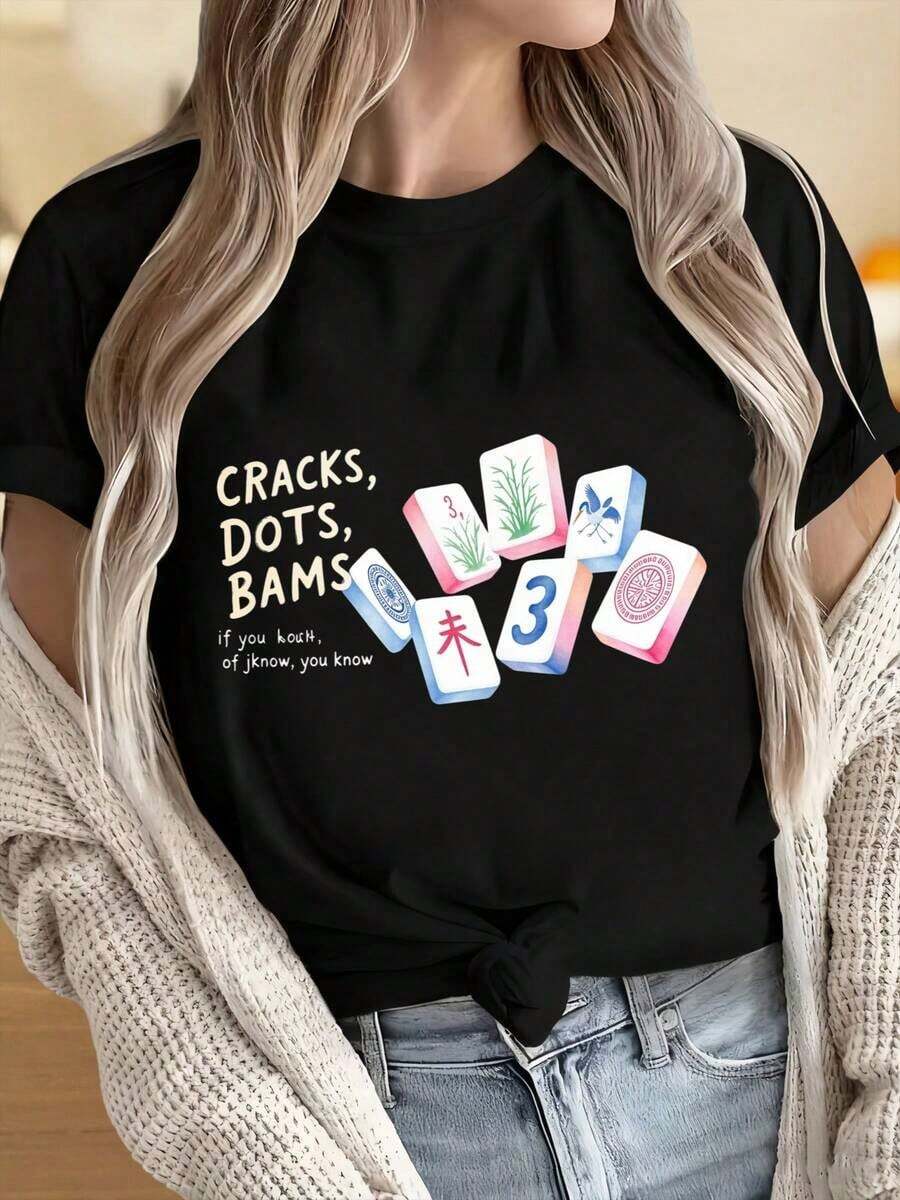 Camiseta Casual para Mujeres y Hombres con Cuello Redondo y Mangas Cortas. Camiseta con Diseño de Puntos y Fichas de Mahjong para Mujeres. Divertida Camiseta Casual de Manga Corta con Diseño de Caracteres y Números Chinos. Estampados Divertidos Ideales para Fiestas de Navidad, Actividades Deportivas, Fiestas de Vacaciones, Salidas, Deportes y Otros Regalos Festivos (220g). 100% Algodón Resistente - Negro - Ver 1