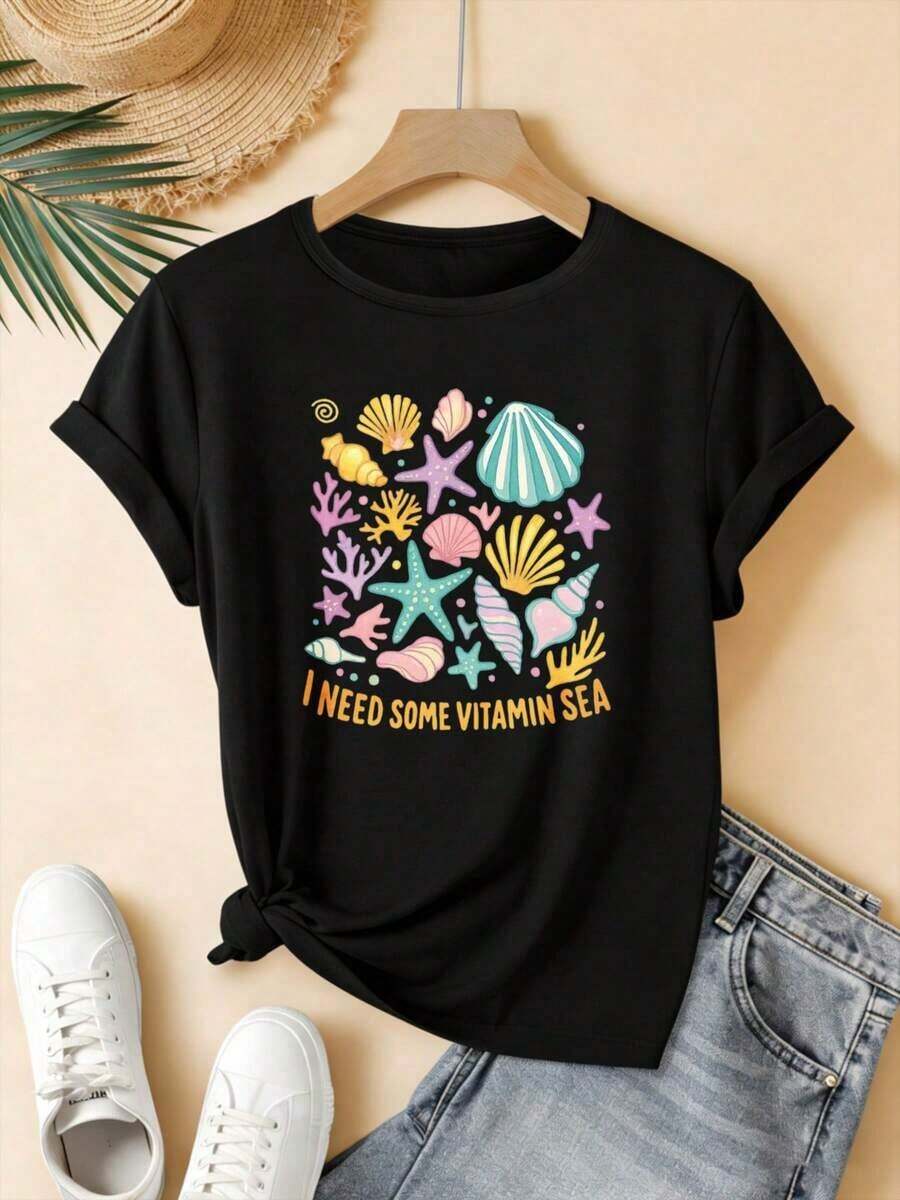 1PCS Women's Short Sleeve Crew Neck T-Shirt "I Need Some Ocean Vitamins" With Seashell And Starfish Print, Loose Fit T-Shirt For Summer Beach Vacation, Summer Top. - 黑色 - 查看 1