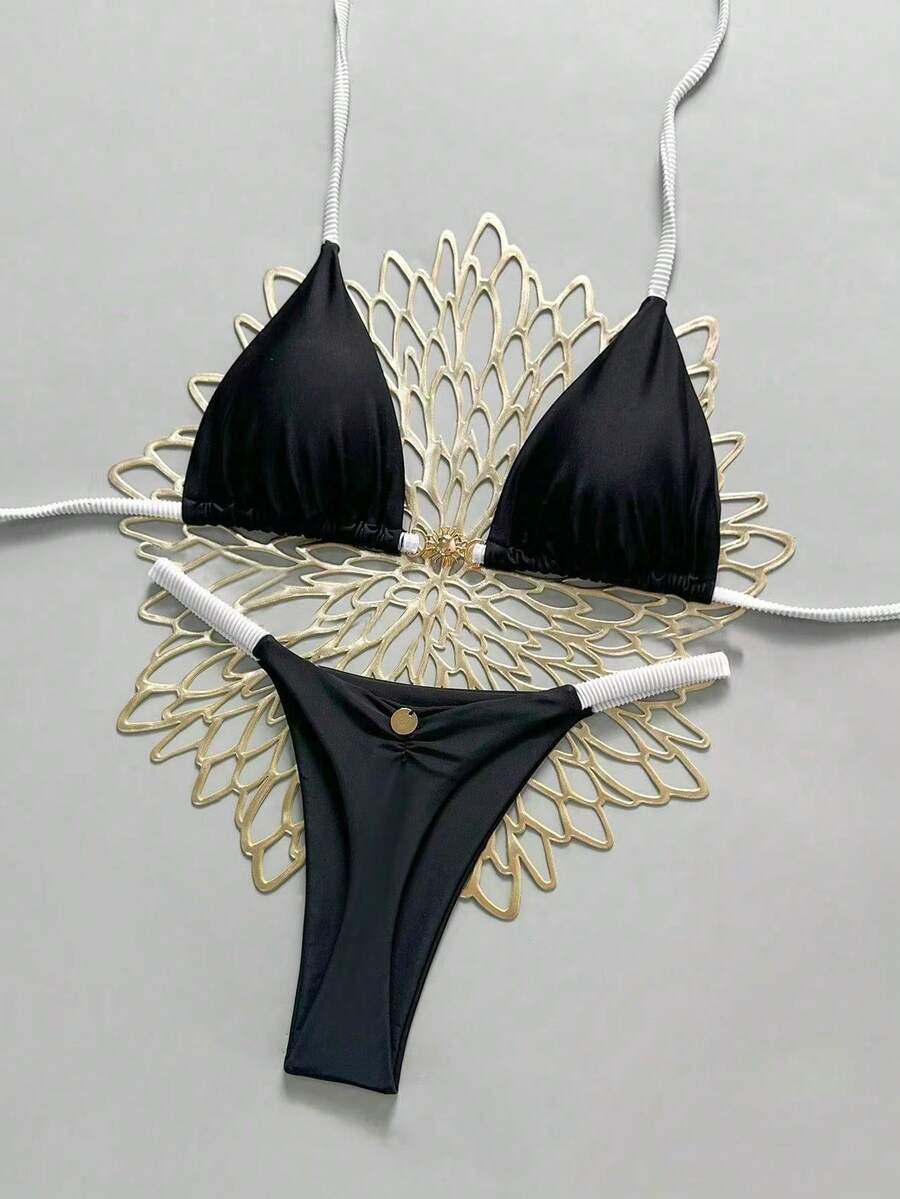 New Sexy Bikini, Two-Piece Swimsuit For Women With Halter Neck And Solid Color. - 黑色 - 查看 1
