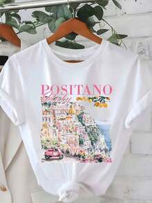 1 pieza de camiseta unisex con estampado de paisaje costero italiano - Suave, casual, de manga corta y cuello redondo, estampado vibrante de Positano con coche rosa y limonero, ligera para uso diario en primavera/verano, top de moda de verano. Camiseta con estampado vibrante, camiseta de tela suave, 180g, 100% algodón. - Blanco - Ver 6