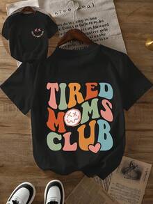 Camiseta estampada para mujer "Tired Mom Club", adecuada para uso casual diario. - Negro - Ver 6