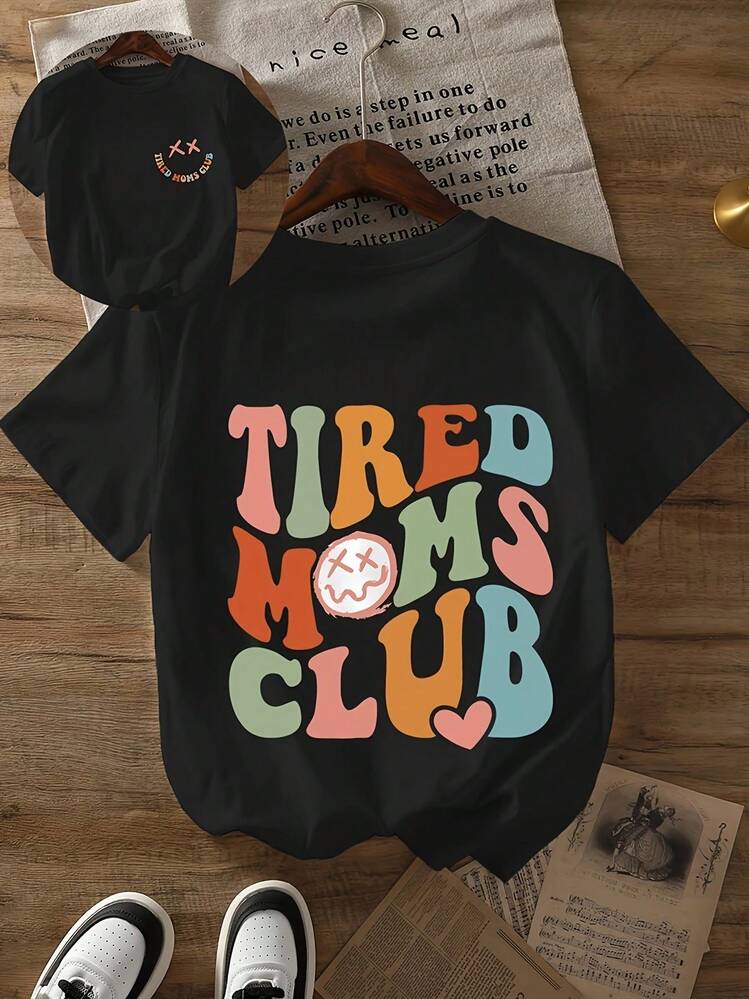 Camiseta estampada para mujer "Tired Mom Club", camiseta de manga corta para uso diario informal. - Negro - Añade 8