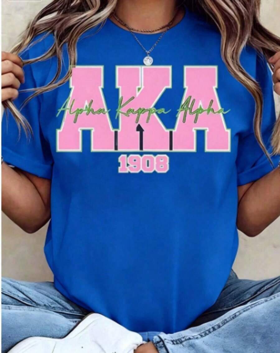 Women's & Men's Fashion 2026: New Summer Collection, Women's T-Shirt With Alpha Alpha AKA 1908 Sorority Print, Crew Neck, Short Sleeve, Casual Style, Gift For College Students. New Loose And Versatile T-Shirt. - 藍色 - 查看 1
