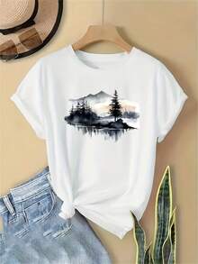 Camiseta Elegante para Mujer, Camiseta Casual de Manga Corta para Damas - Estampado de Acuarela de Paisaje Sereno, Cuello Redondo, Suave y Transpirable, Camiseta para Todas las Temporadas, Top de Ajuste Natural con Estilo Relajado - Camiseta Unisex de Algodón Holgada de Manga Corta y Cuello Redondo Estilo Vintage Urbano - Negro - Ver 7