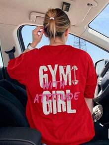 New 2026 Women's Motivational Printed T-Shirt With "Gym Girl, With Attitude" Text, All-Season Casual Wear - T-Shirt, Clothing, Apparel, Lettering, Durable Construction, Short Sleeve T-Shirt, Women's Casual Letter Print Loose Fit Crew Neck Short Sleeve Spring-Summer Gym T-Shirt - 紅色 - 查看 1