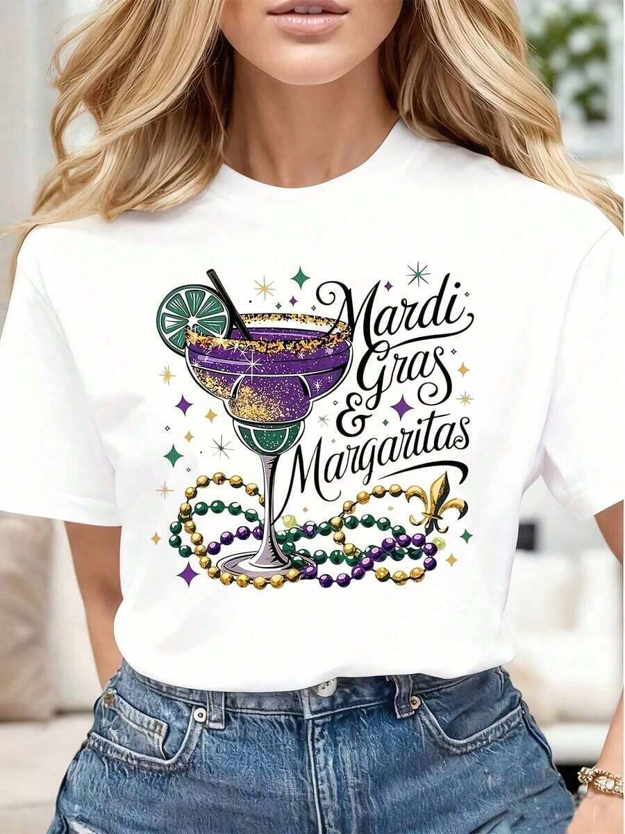 VintageGras Camiseta Casual para Mujer con Estampado de Margaritas, Cuentas de Cóctel y Flor de Lis, Suave y Cómoda, Regalo para Fiesta de Gras, Camiseta Gráfica - Blanco - Ver 1