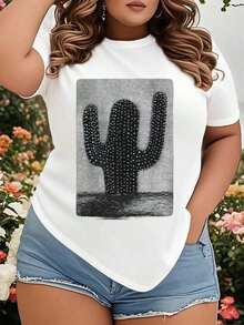 Women's Clothing Cactus Print T-Shirt For Women, Casual Summer Top With Short Sleeves And Round Neck, White T-Shirt With Artistic Desert Design, Perfect For The Beach, Vacation Or Everyday Wear, Women's Shirts - 白色 - 查看 6