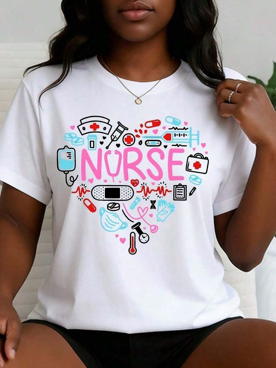 Camiseta de Mujer con Diseño Casual, Lindo y Colorido, con Gráficos de Corazones de Enfermera e Iconos Médicos, Ropa Casual de Verano para Enfermeras y Trabajadores de la Salud, Celebrando el Día Internacional de las Enfermeras en Mayo, Regalo Perfecto para Enfermeras, Ropa de Mujer para Rinde Homenaje a los Ángeles Más Hermosos en Blanco. Imprescindible - Blanco - Ver 1