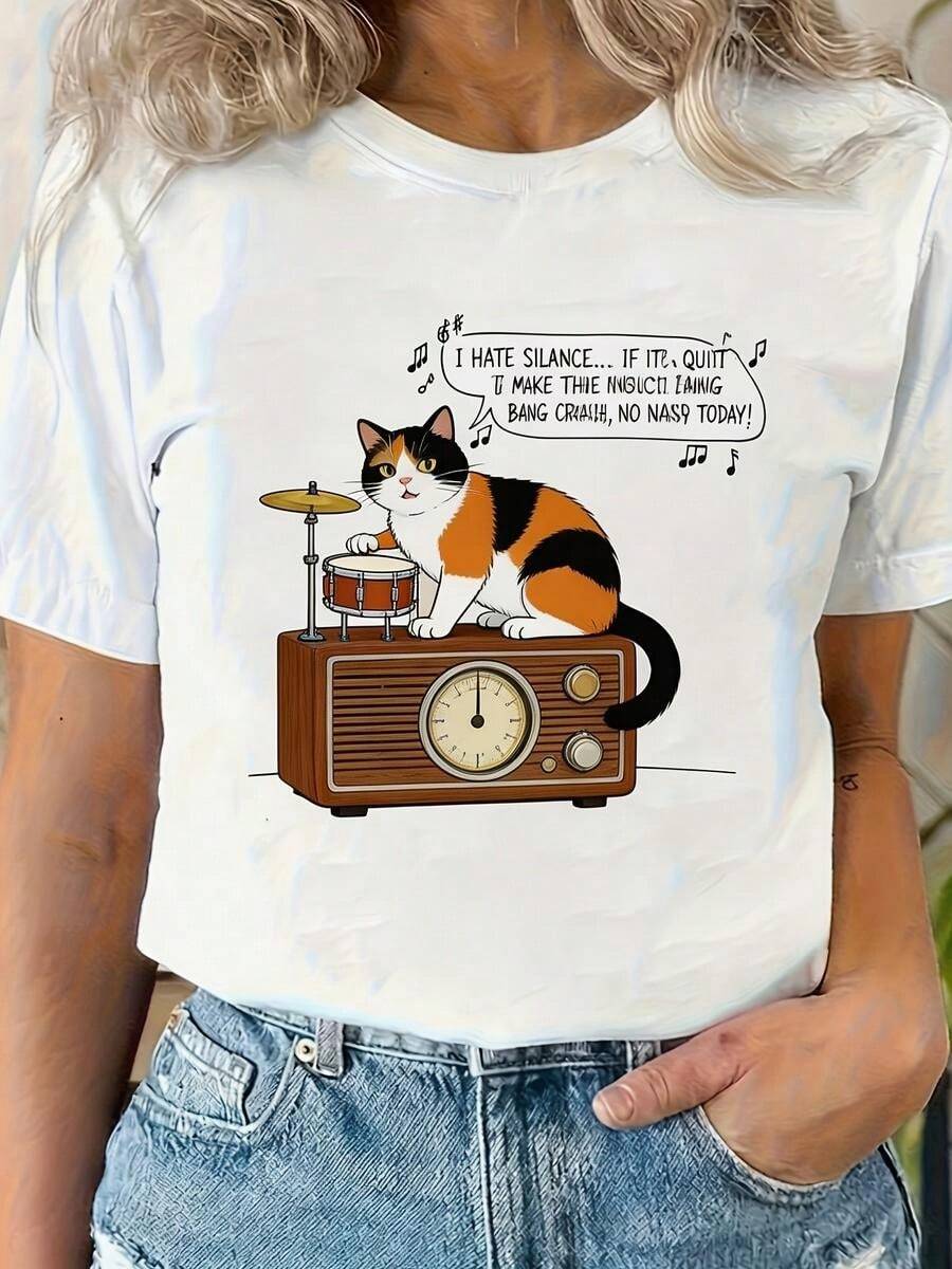 1 pieza clásica y versátil, camiseta corta de algodón puro con estampado divertido de gato tocando tambor, ideal para usar en cualquier estación. Estilo moderno - Blanco - Ver 1