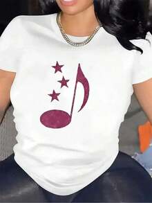 Camiseta De Manga Corta Ligera Y Duradera Con Un Patrón De Nota Musical Rosa, Ideal Para Salidas Casuales En Casa O RestaurantesWomen Standard Size Casual T-Shirt Breathable Lightweight Short Sleeve Tee - Blanco - Ver 7